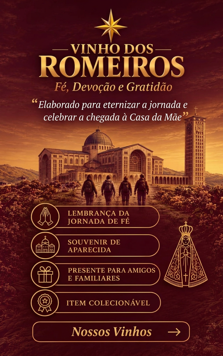 Vinho dos Romeiros: romeiros diante da Basílica de Aparecida, benefícios da coleção e Nossa Senhora Aparecida