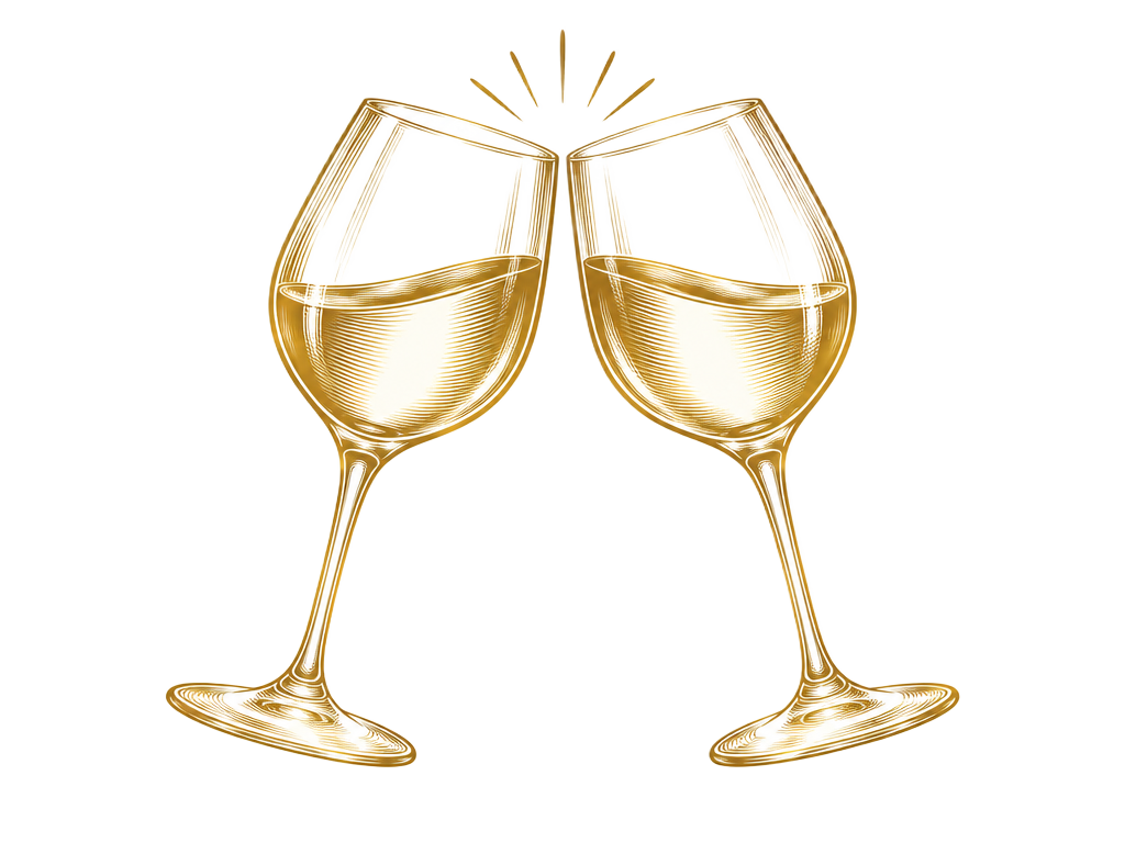 Duas taças de vinho brindando em traços dourados